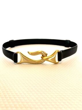 Chico's Black Leather Slide Belt Adjustable with Gold Sculpted Hook Buckle